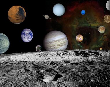 NASA created this montage of images taken by the Voyager spacecraft of the planets, four of Jupiter’s moons and Earth’s moon.