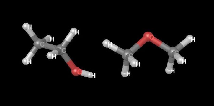 <p><em>Diagram 1</em>. Examples of compounds that are isomers. The structure of ethanol (C2H6O) is on the left and the structure of dimethyl ether (C2H6O) is on the right. Images created using Maestro by Schrödinger, LLC, 2014.</p>