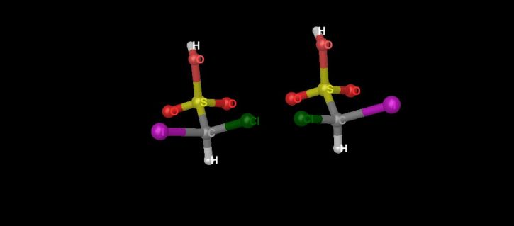 <p><em>Diagram 2</em>. The mirror images of chloroiodomethanesulfonic acid. The structure on the left is the left-handed enantiomer and the structure on the right is the right-handed enantiomer.</p>