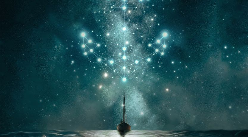 Illustration of a ship on a patch of calm seas in the midst of heavier seas. In the sky is a made up constellation in the shape of an anchor. This all illustrates the article Clinging to the Anchor of Hope.