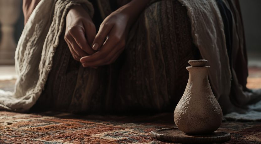 Graphic of a first-century woman's hands and a flask to illustrate the article A Sinful Woman Washes Jesus’ Feet