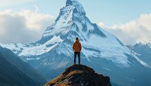 Photo of a climber looking into the distance at a massive mountain peak to illustrate the article Trusting God in Times of Uncertainty.