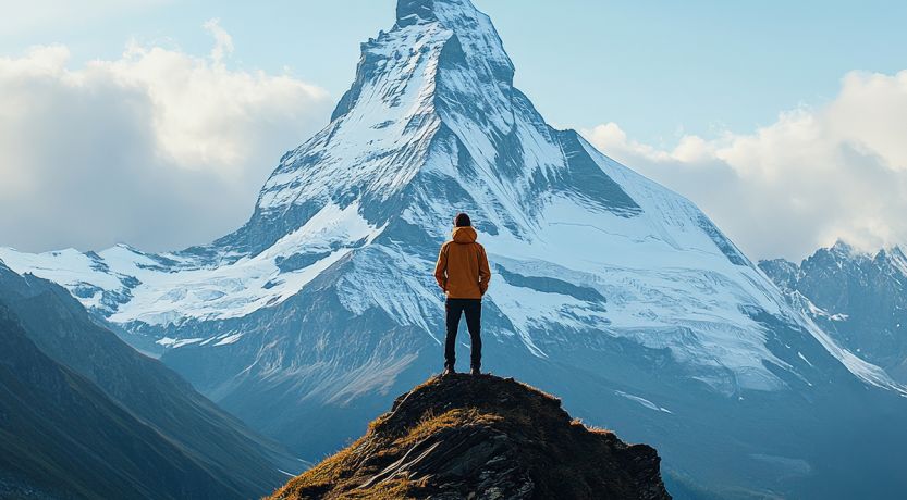 Photo of a climber looking into the distance at a massive mountain peak to illustrate the article Trusting God in Times of Uncertainty.