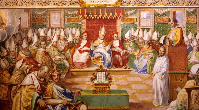 Ancient painting representing the Council of Nicaea to illustrate the article