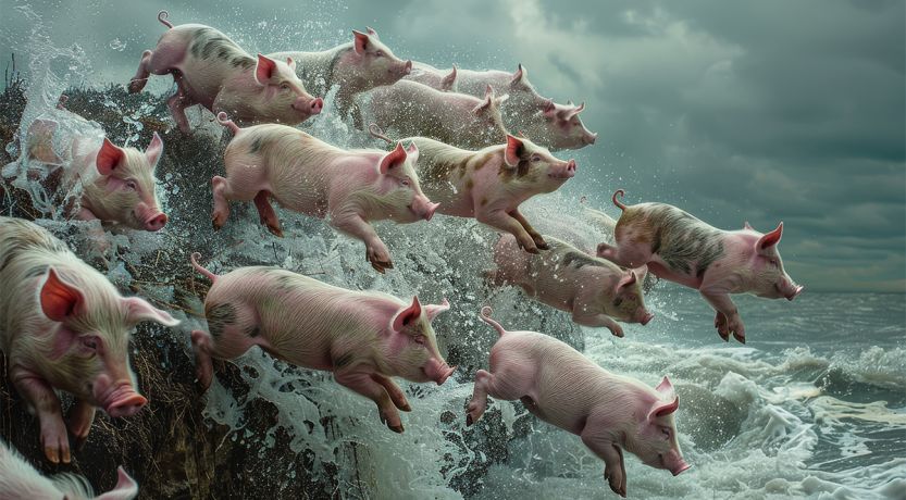 Illustration of pigs leaping into the water to illustrate the article