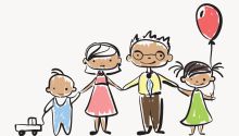 Cartoonish graphic of grandparents holding the hands of two little children to illustrate the  article Grandparenting Challenge: Finding Opportunities to Influence Grandchildren