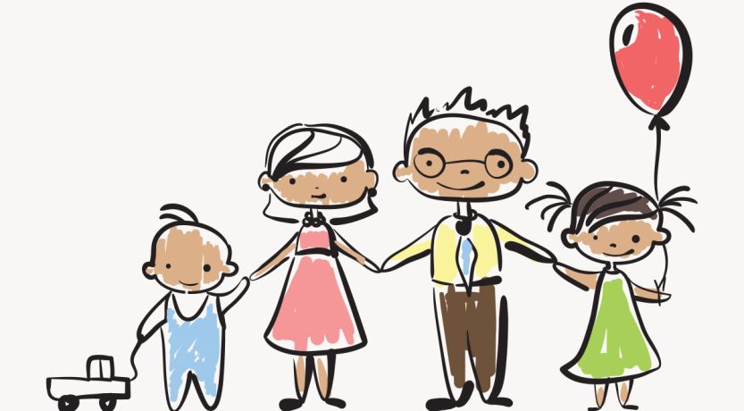 Cartoonish graphic of grandparents holding the hands of two little children to illustrate the  article Grandparenting Challenge: Finding Opportunities to Influence Grandchildren