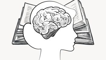 Line drawing of a brain over a woman's head over a open book, to illustrate the article Let This Mind Be in You
