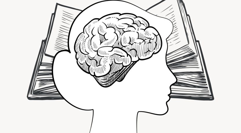 Line drawing of a brain over a woman's head over a open book, to illustrate the article Let This Mind Be in You