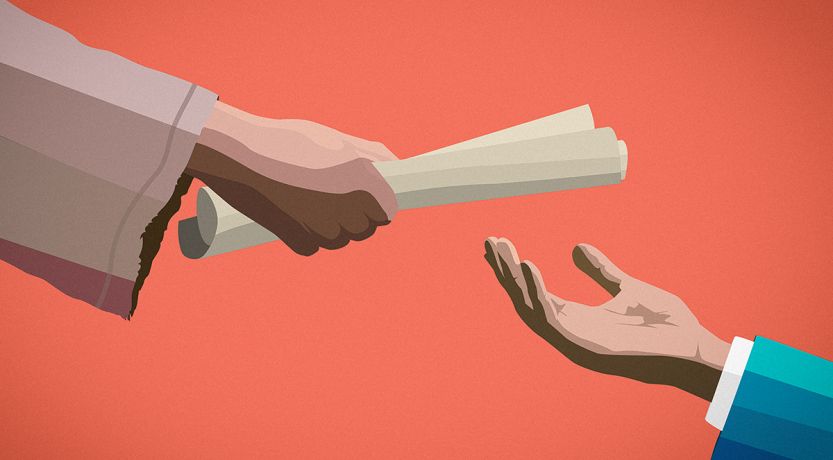 Graphic of the arm of someone dressed in ancient clothing handing a scroll to someone dressed in a modern suit to illustrate the article 