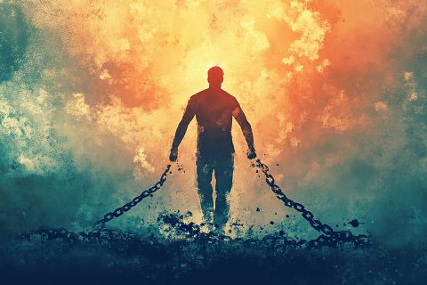 Graphic of a man breaking free from chains on his wrists to illustrate the article 
