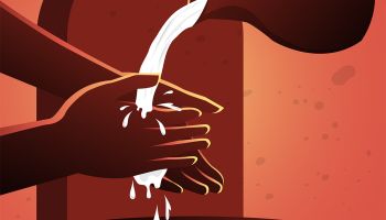 Graphic of water being poured over hands to illustrate the article 