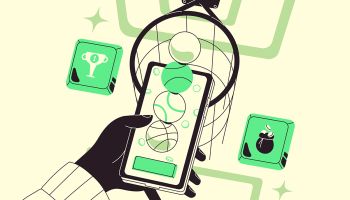 Graphic of a hand holding a phone in front of a basketball hoop to illustrate the article 