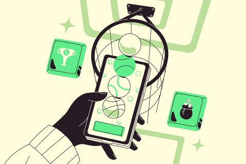 Graphic of a hand holding a phone in front of a basketball hoop to illustrate the article 