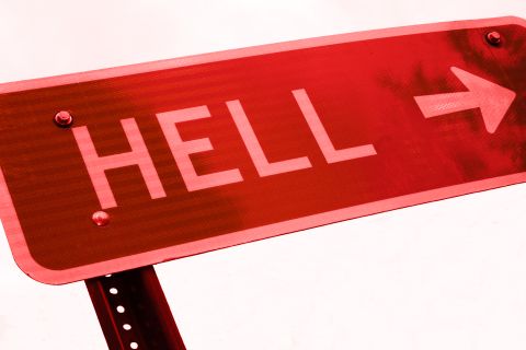 Graphic of a sign pointing toward HELL, to illustrate the article 
