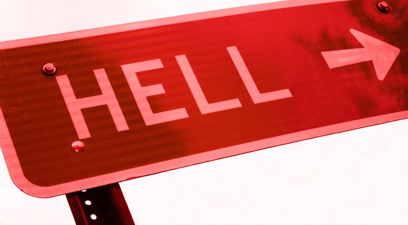 Graphic of a sign pointing toward HELL, to illustrate the article 