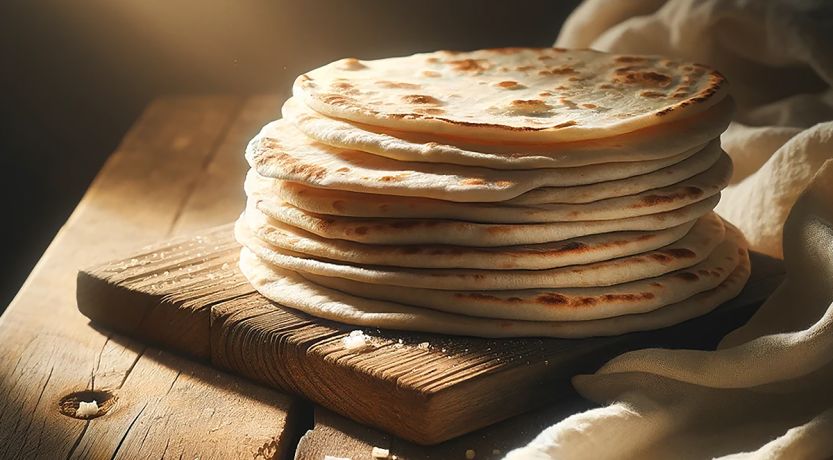 Photo of a stack of round flat bread on a wooden table to illustrate the article “I Am the Bread of Life.”