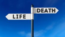 Illustration of a sign pointing to life to the left and death to the right. This is to accompany the article “I Have Set Before You Life and Death.”