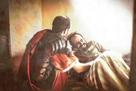 Graphic of a Roman centurion leaning over an ill man to illustrate the article Jesus and the Roman Centurion.