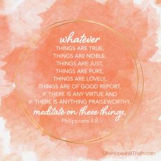Finally, brethren, whatever things are true, whatever things are noble, whatever things are just, whatever things are pure, whatever things are lovely, whatever things are of good report, if there is any virtue and if there is anything praiseworthy, meditate on these things.