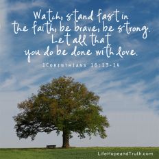 Watch, stand fast in the faith, be brave, be strong. Let all that you do be done with love.