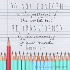 Do not conform to the patterns of the world, but be transformed by the renewing of your mind.