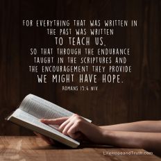 For everything that was written in the past was written to teach us, so that through the endurance taught in the Scriptures and the encouragement they provide we might have hope.