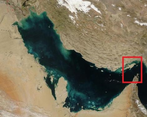 Satellite image of the Persian Gulf with the Strait of Hormuz marked (from the CIA World Factbook).