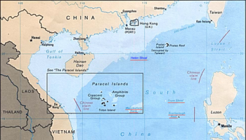 Map of the South China Sea showing the disputed Paracel Islands and Spratly Islands (Wikimedia Commons).