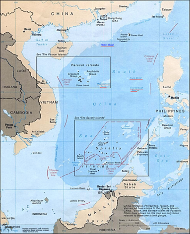 Map of the South China Sea showing the disputed Paracel Islands and Spratly Islands (Wikimedia Commons).