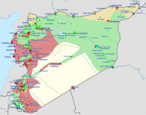 Complex Syrian military situation as of April 28, 2013 from Wikimedia Commons