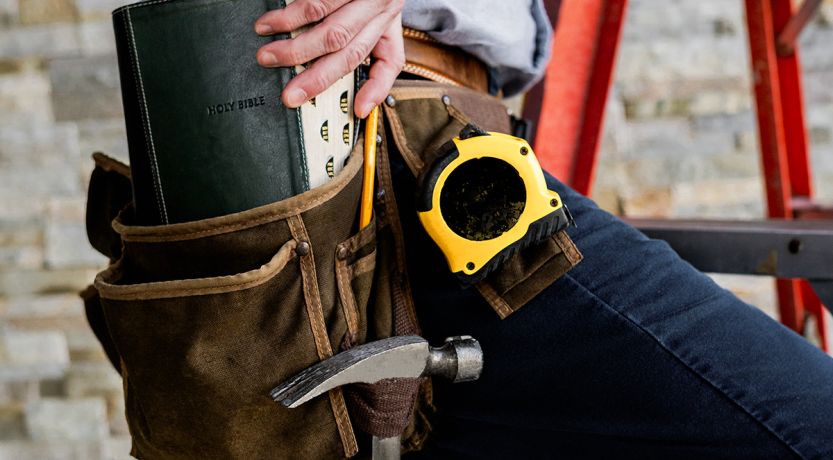 Announcing Five Tools for Spiritual Growth book: photo of man with Bible in his tool belt