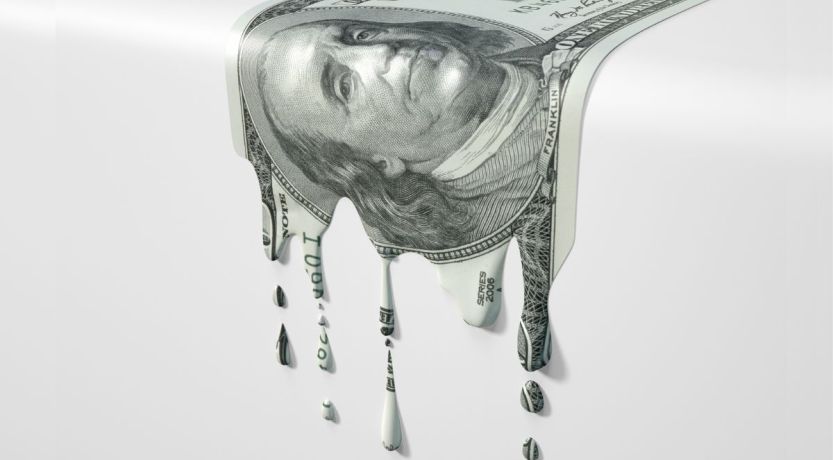 Graphic of a dollar bill melting and dripping to illustrate the article Trade Wars, the U.S. National Debt and the Dollar Crisis