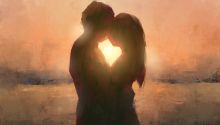 Graphic of a husband and wife hugging with a beautiful sunset behind them, to illustrate the article 