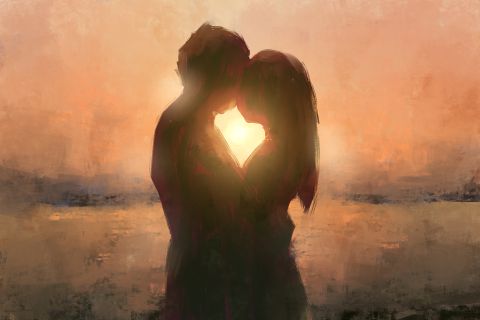 Graphic of a husband and wife hugging with a beautiful sunset behind them, to illustrate the article 