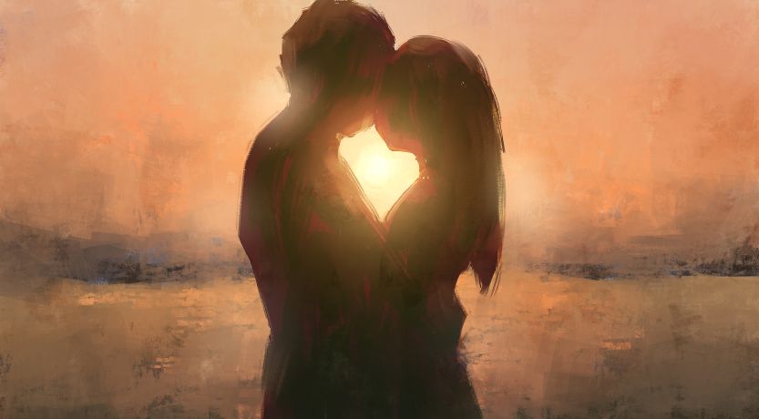 Graphic of a husband and wife hugging with a beautiful sunset behind them, to illustrate the article 