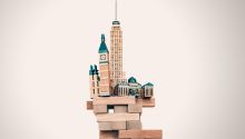Graphic of toy buildings balanced precariously on building blocks to illustrate the article What Can the Righteous Do as the Foundations of Society Are Destroyed?