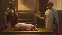 Artist's AI depiction of the desecration of the temple by Antiochus Epiphanes to illustrate the article What Is the Abomination of Desolation?