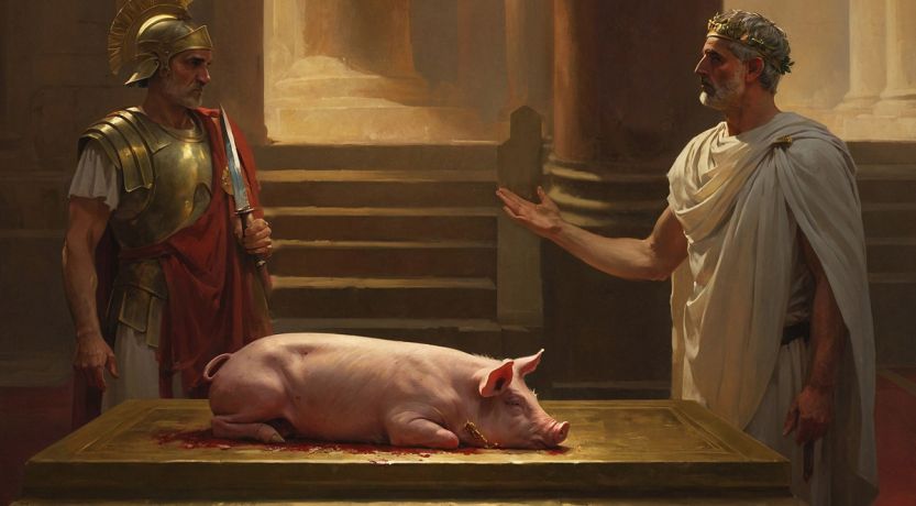 Artist's AI depiction of the desecration of the temple by Antiochus Epiphanes to illustrate the article What Is the Abomination of Desolation?