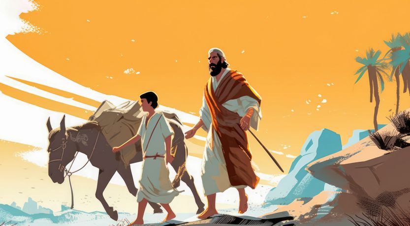 Artist's conception of Isaac with Abraham and a donkey based on Genesis 22, to illustrate the article Who Is Isaac in the Bible?