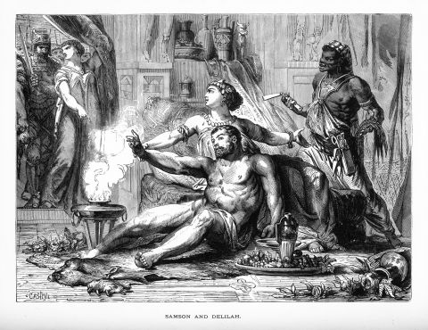 Graphic of Samson with Delilah after his hair had been cut off to illustrate the article 
