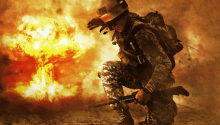 Who Will Fight in the Battle of Armageddon? (photo illustration of a soldier on one knee with explosion behind him)