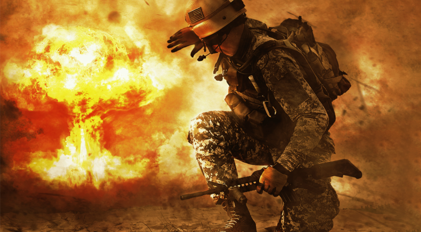 Who Will Fight in the Battle of Armageddon? (photo illustration of a soldier on one knee with explosion behind him)