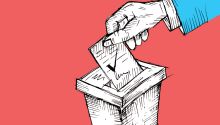 An illustration of a hand putting a ballot into a ballot box to illustrate the article Who Would Jesus Vote For?