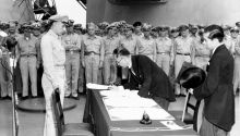 Will There Be Another World War? (photo of Shigemitsu signing surrender to end World War II)