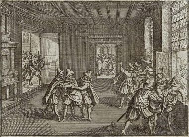 The Second Defenestration of Prague in 1618, depicted in a woodcut by Matthäus Merian the Elder.