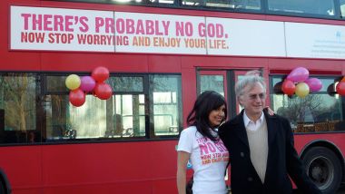 Campaign creator Ariane Sherine and Richard Dawkins at the Atheist Bus Campaign launch.