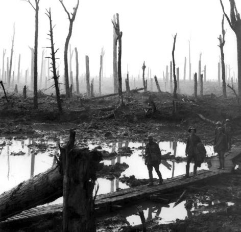 The War That Could Not End All Wars: soldiers walk in the wreckage of Chateau Wood, Ypres, Belgium