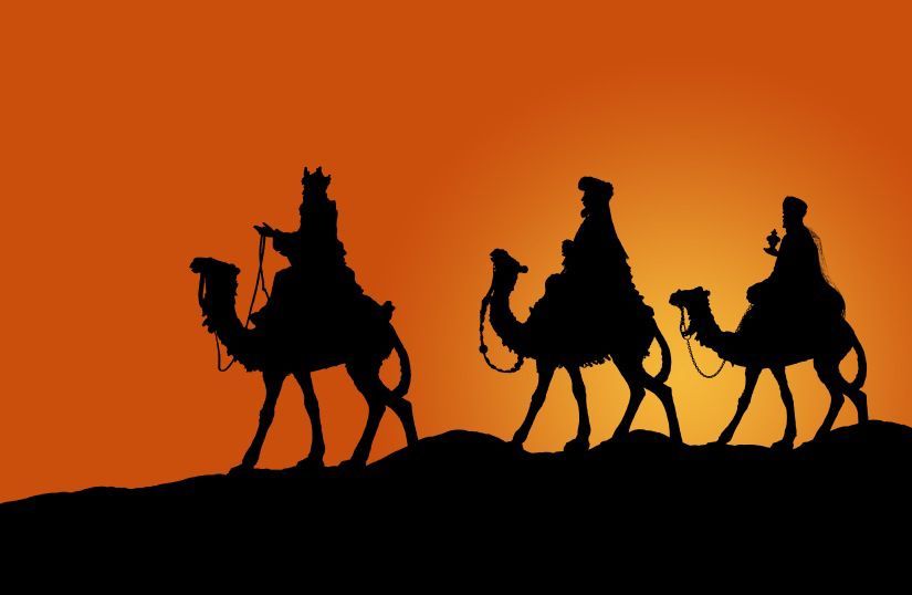 Three Wise Men or Three Kings or Mags Bring Gifts To the Little Born Jesus  - Desert Landscape - Vector Illustration Stock Vector - Illustration of  golden, epiphany: 222537946