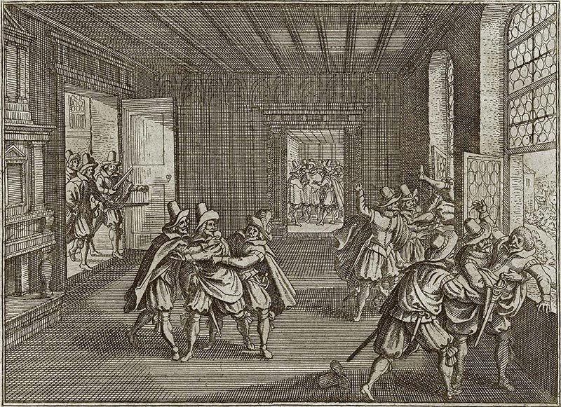The Second Defenestration of Prague in 1618, depicted in a woodcut by Matth&auml;us Merian the Elder.